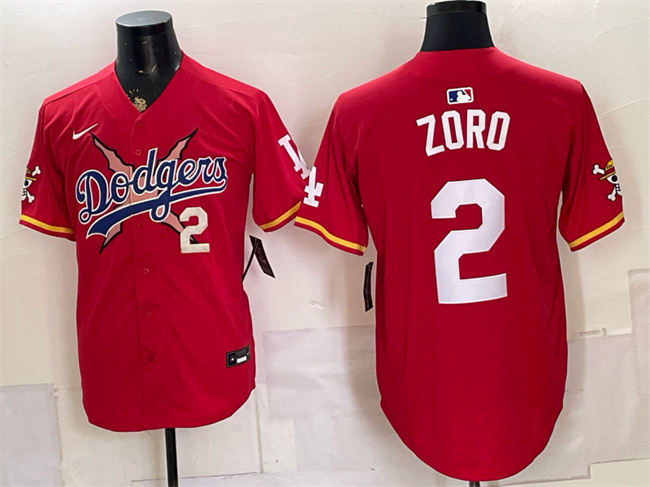 Men's Los Angeles Dodgers x One Piece #2 Zoro Red Vapor Premier Limited Stitched Baseball Jersey Men's Los Angeles Dodgers x One Piece #2 Zoro Red Vapor Premier Limited Stitched Baseball Jersey